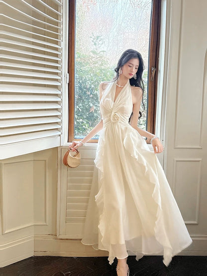 Einfaches A-Linien Neckholder Chiffon Elfenbein Inspiration Langes Hochzeitsfest Ball Gastkleid N2082