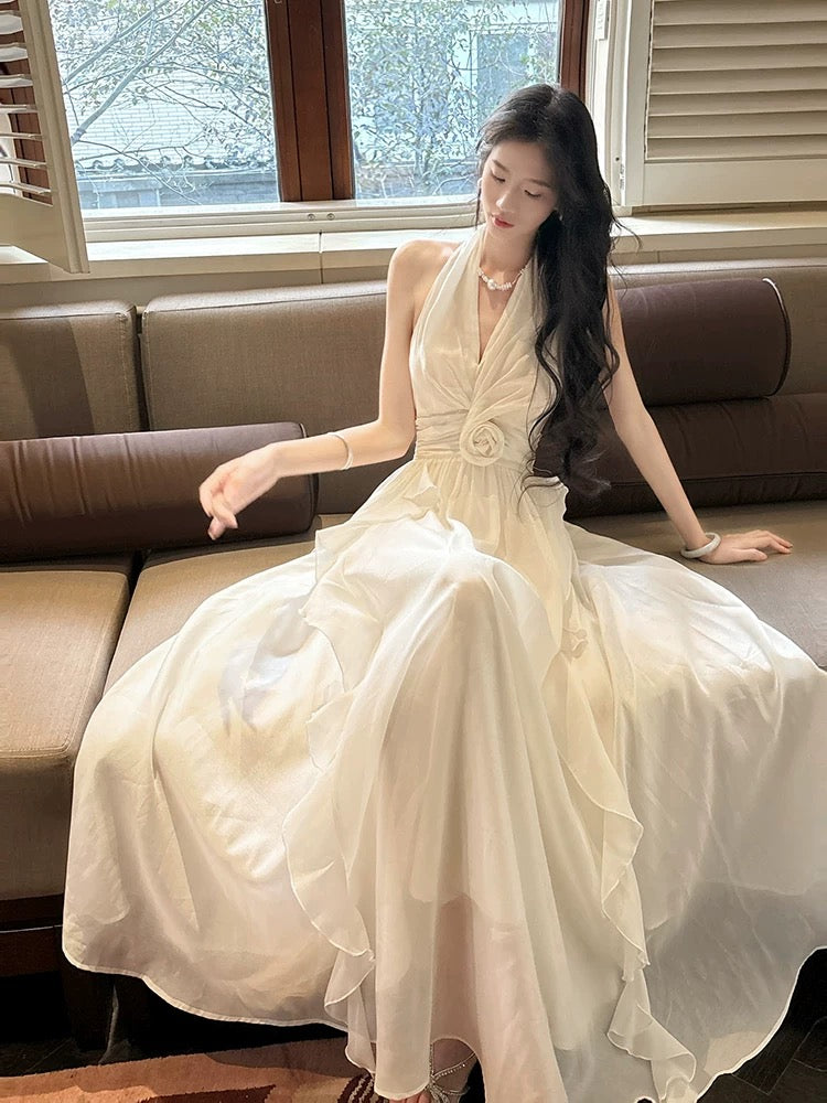 Einfaches A-Linien Neckholder Chiffon Elfenbein Inspiration Langes Hochzeitsfest Ball Gastkleid N2082