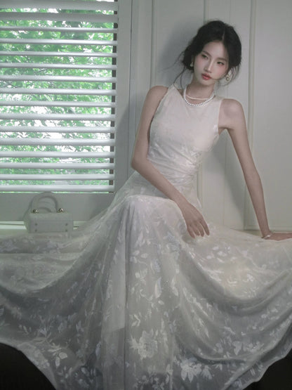 Einfaches A-Linien-Kleid mit Rundhalsausschnitt, weißer Spitze, inspiriert, langes Hochzeits-, Party-, Ball- und Gastkleid N2085