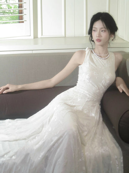Einfaches A-Linien-Kleid mit Rundhalsausschnitt, weißer Spitze, inspiriert, langes Hochzeits-, Party-, Ball- und Gastkleid N2085