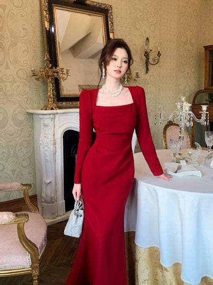 Modest French Style Mermaid Square Red Satin Fashion Women Long Formal Outfits Prom Dresses N2088