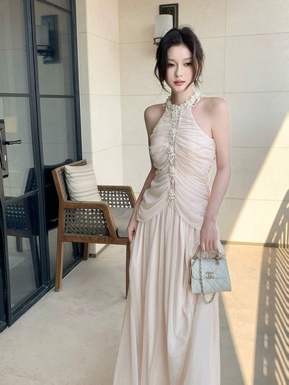 Einfaches A-Linien-Neckholder-Chiffon-Plissee-Inspiration langes Hochzeits-Gastkleid N2089