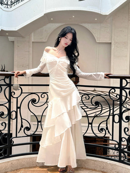 Modest French Style Mermaid Off The Shoulder White Fashion Women Long Formal Outfits Prom Dresses N2090