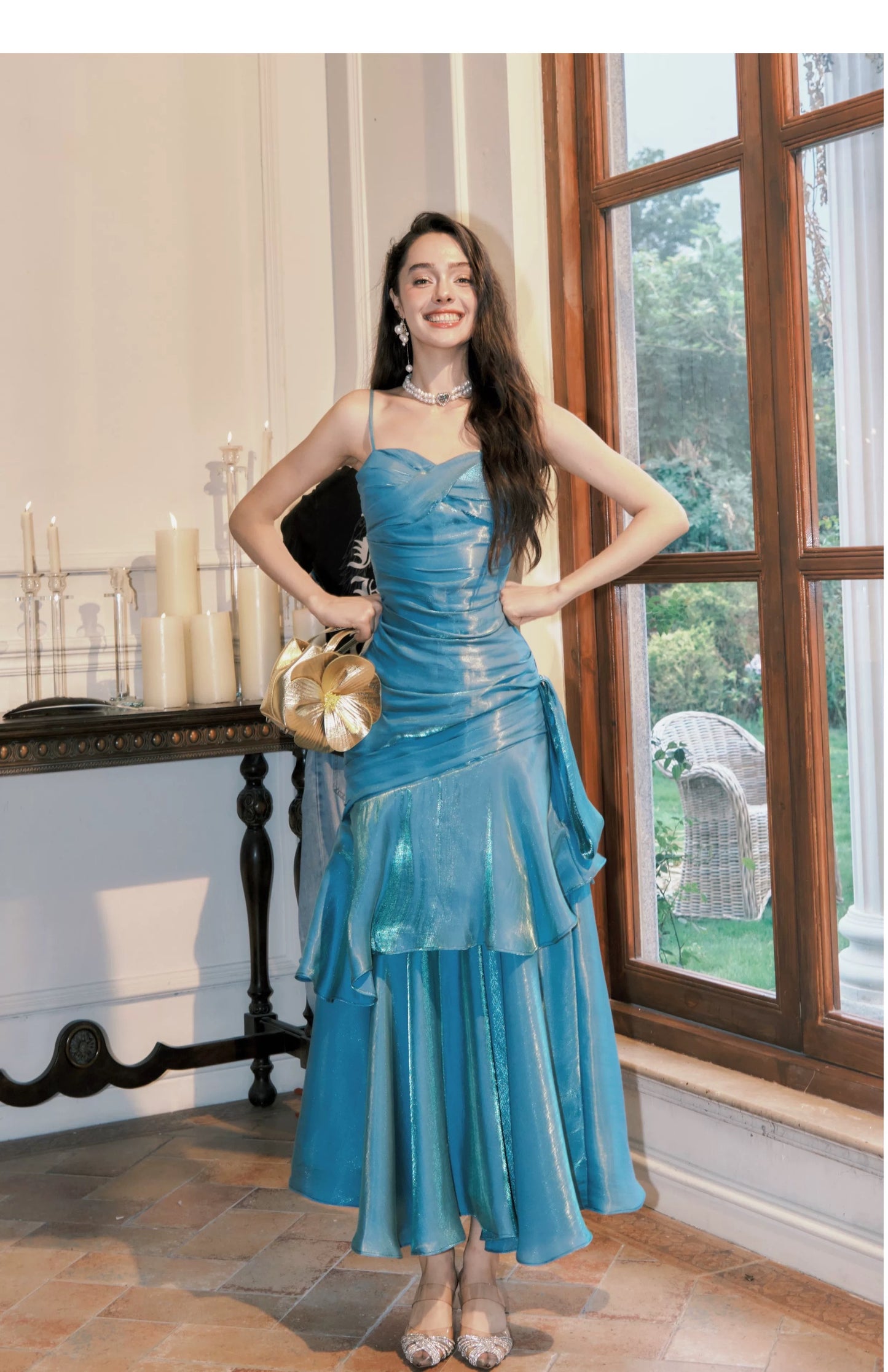 Einfaches Meerjungfrau-Spaghettiträger Blaues Satin Inspiration Langes Hochzeitsfeier Ball Gastkleider N2092