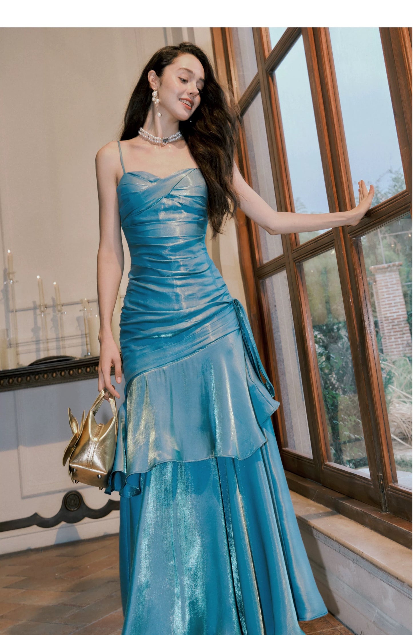 Einfaches Meerjungfrau-Spaghettiträger Blaues Satin Inspiration Langes Hochzeitsfeier Ball Gastkleider N2092