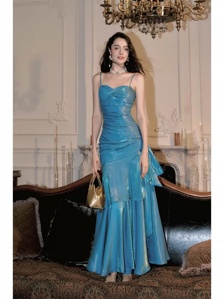 Einfaches Meerjungfrau-Spaghettiträger Blaues Satin Inspiration Langes Hochzeitsfeier Ball Gastkleider N2092