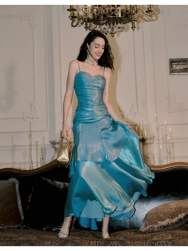 Einfaches Meerjungfrau-Spaghettiträger Blaues Satin Inspiration Langes Hochzeitsfeier Ball Gastkleider N2092
