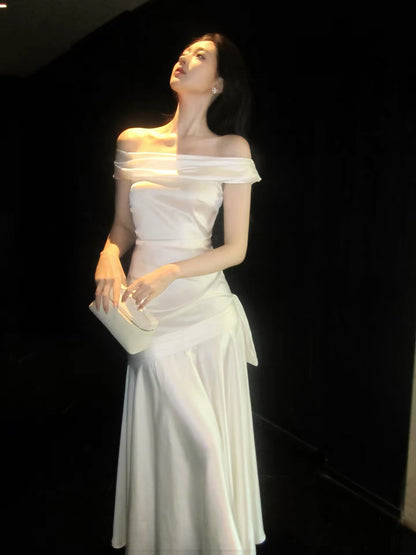 Simple Mermaid Off The Shoulder White Satin Pleated Inspiration Long Wedding Party Guest Dresses N2093