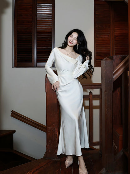 Simple Mermaid Off The Shoulder White Satin Inspiration Long Sleeves Wedding Party Guest Dresses N2094