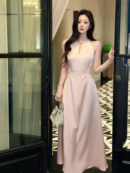 Robes N2096 de Bal et de Soirée Simples en Satin Rose Coupe A, Encolure Dégagée, pour Invités de Mariage