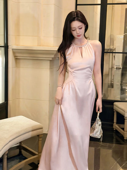 Robes N2096 de Bal et de Soirée Simples en Satin Rose Coupe A, Encolure Dégagée, pour Invités de Mariage