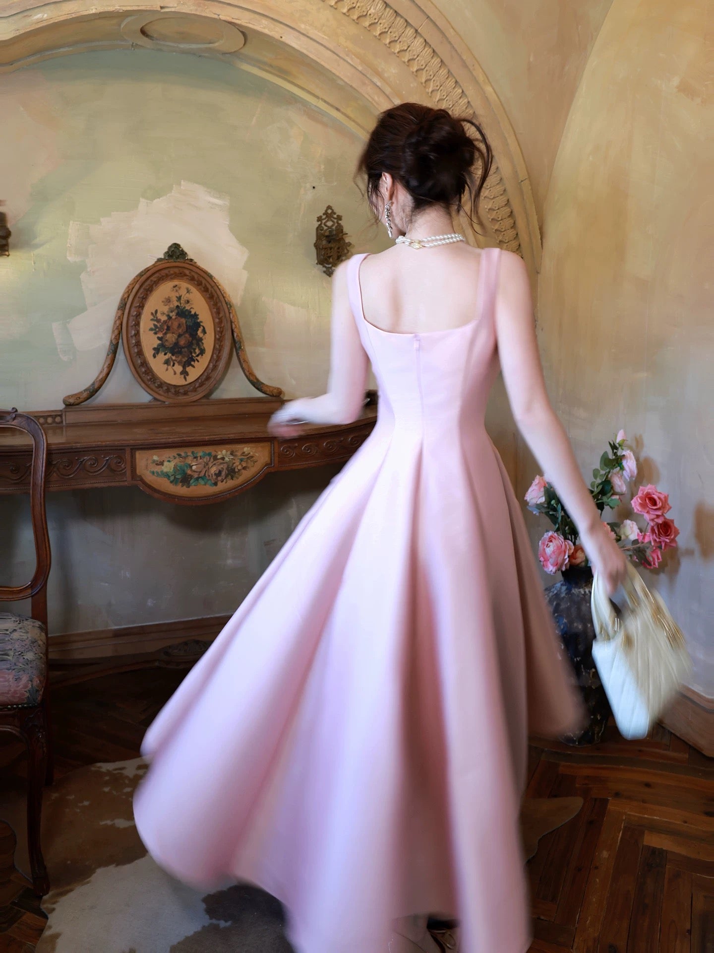 Simple A line Square Neck Satin Pink Inspiration Long Wedding Party Prom Guest Dresses N2097