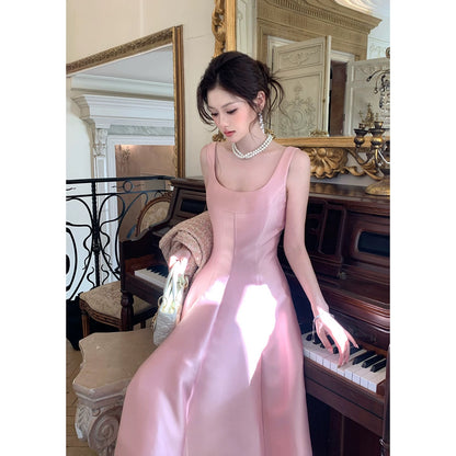 Simple A line Square Neck Satin Pink Inspiration Long Wedding Party Prom Guest Dresses N2097