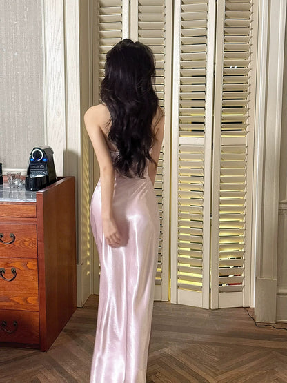 Einfaches Meerjungfrau Halter Neck Satin Rosa Inspiration Langes Hochzeits-Party Ball Gastkleid N2099