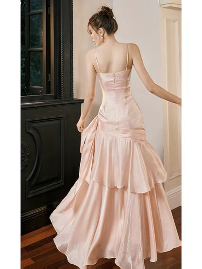 Simple Mermaid Spaghetti Straps Blush Pink Satin Inspiration Long Wedding Party Prom Guest Dresses N2102