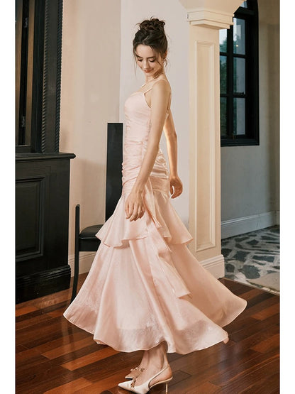 Simple Mermaid Spaghetti Straps Blush Pink Satin Inspiration Long Wedding Party Prom Guest Dresses N2102