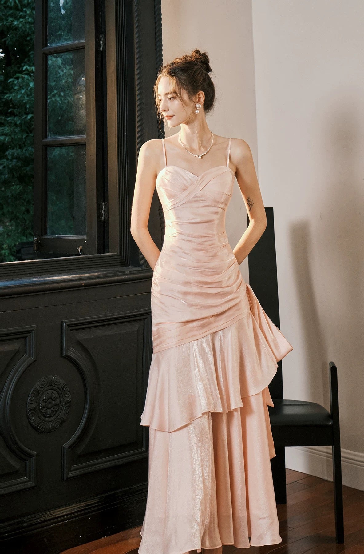 Simple Mermaid Spaghetti Straps Blush Pink Satin Inspiration Long Wedding Party Prom Guest Dresses N2102