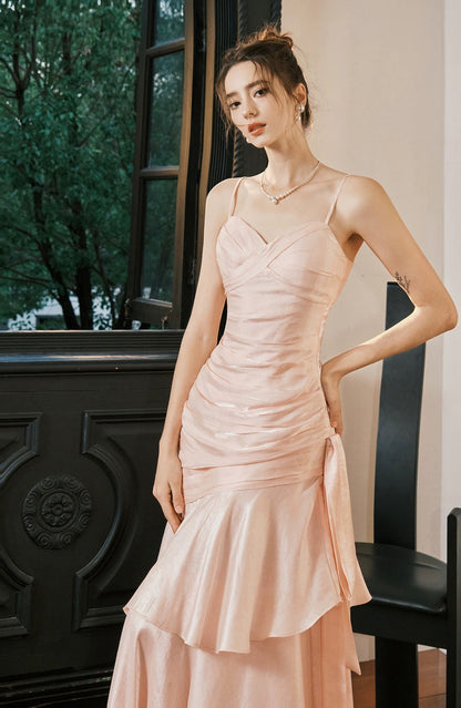 Einfaches Meerjungfrau-Spaghettiträger-Blush-Pink-Satin-Inspiration langes Party-Ballkleid N2103