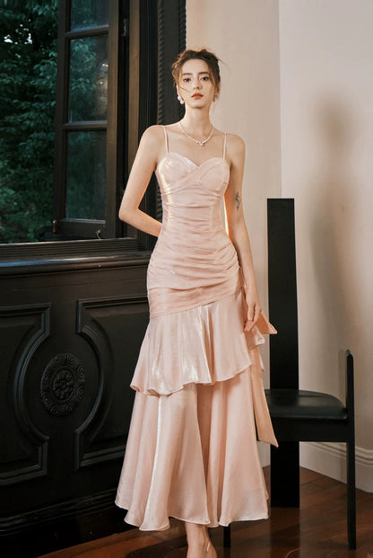 Einfaches Meerjungfrau-Spaghettiträger-Blush-Pink-Satin-Inspiration langes Party-Ballkleid N2103