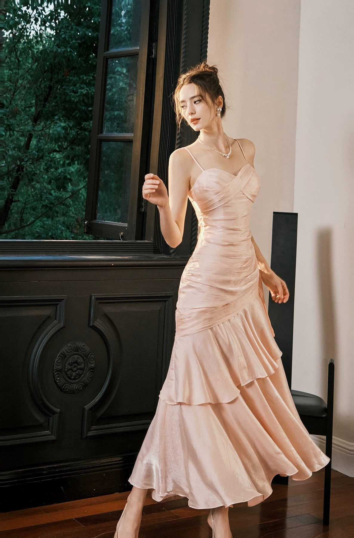 Einfaches Meerjungfrau-Spaghettiträger-Blush-Pink-Satin-Inspiration langes Party-Ballkleid N2103