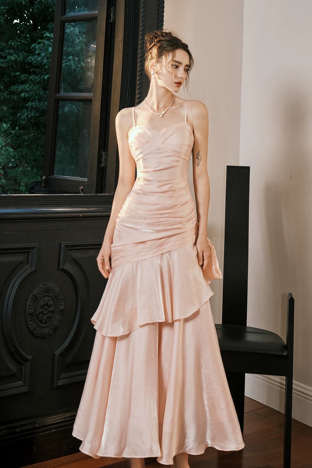 Einfaches Meerjungfrau-Spaghettiträger-Blush-Pink-Satin-Inspiration langes Party-Ballkleid N2103