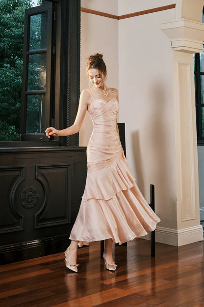 Einfaches Meerjungfrau-Spaghettiträger-Blush-Pink-Satin-Inspiration langes Party-Ballkleid N2103