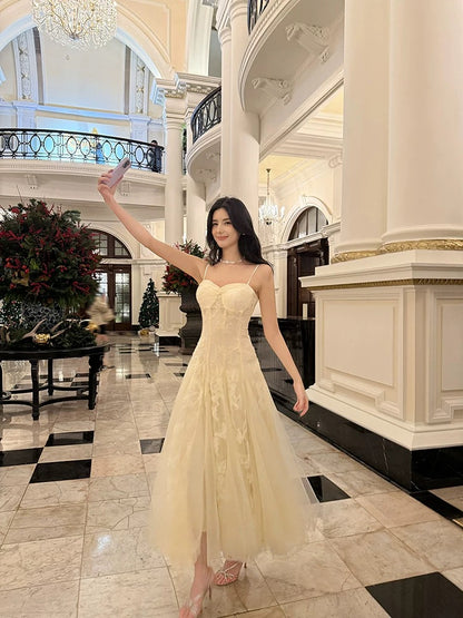 Modeste robe de bal longue pour femme, style français, ligne A, bretelles spaghetti, tulle et dentelle, tenue de soirée N2104