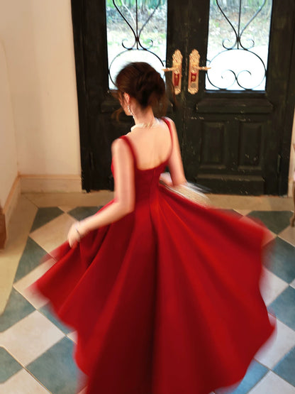 Schlichtes A-Linien-Kleid mit eckigem Ausschnitt aus Satin, burgunderrot, für Hochzeitsgäste, Abschlussball, N2105