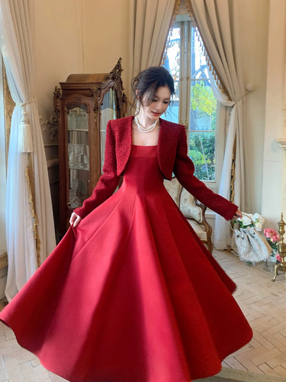 Schlichtes A-Linien-Kleid mit eckigem Ausschnitt aus Satin, burgunderrot, für Hochzeitsgäste, Abschlussball, N2105