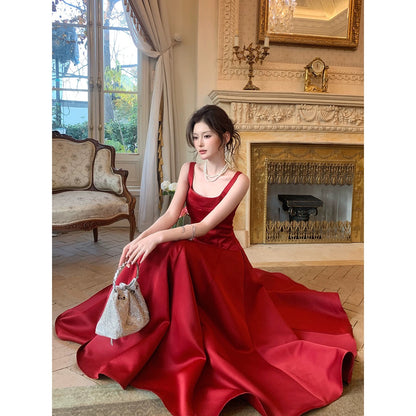 Schlichtes A-Linien-Kleid mit eckigem Ausschnitt aus Satin, burgunderrot, für Hochzeitsgäste, Abschlussball, N2105