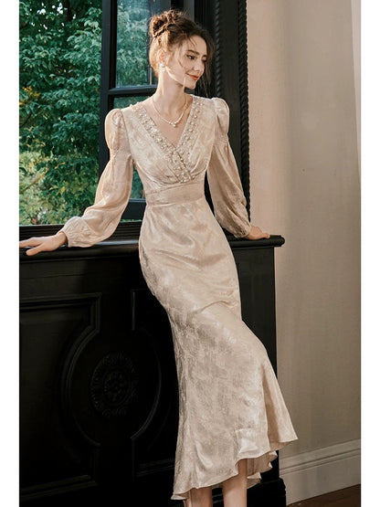 Robes de soirée de bal pour invitées de mariage en satin simple col en V sirène, longueur ras du sol, inspiration N2109