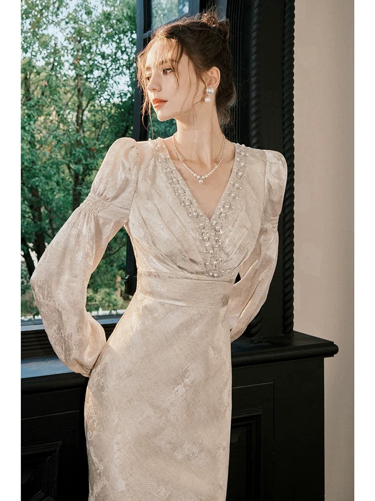 Robes de soirée de bal pour invitées de mariage en satin simple col en V sirène, longueur ras du sol, inspiration N2109