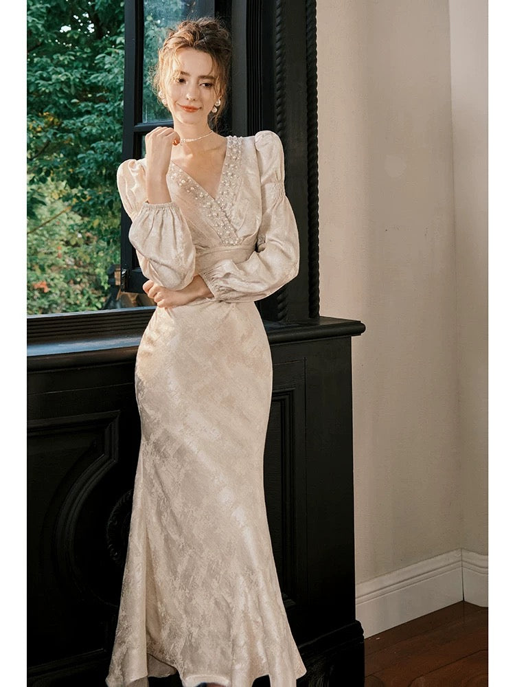Robes de soirée de bal pour invitées de mariage en satin simple col en V sirène, longueur ras du sol, inspiration N2109