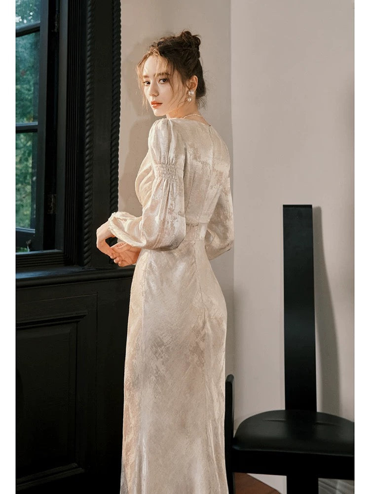 Robes de soirée de bal pour invitées de mariage en satin simple col en V sirène, longueur ras du sol, inspiration N2109