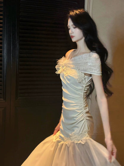 Modest French Style Mermaid White Lace Fashion Women Long Formal Outfits Prom Dresses N2110