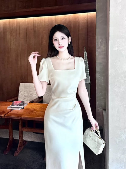 Simple Mermaid Square Neck Satin White Inspiration Slit Wedding Party Guest Dresses N2179
