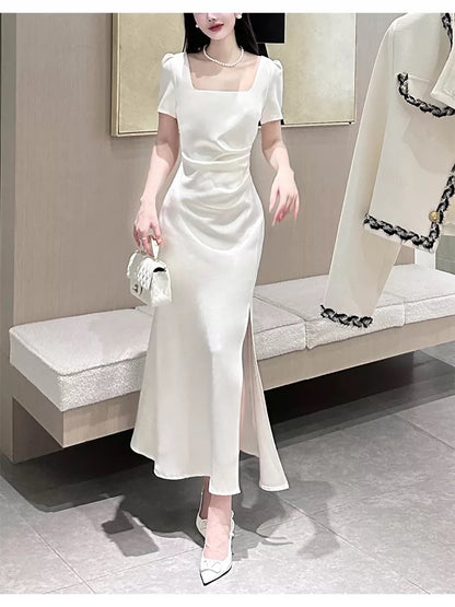 Simple Mermaid Square Neck Satin White Inspiration Slit Wedding Party Guest Dresses N2179