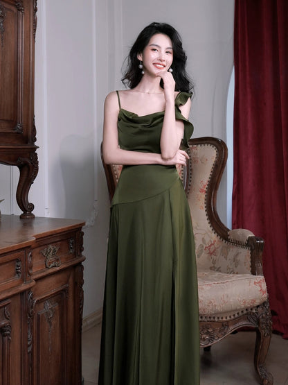 Classy Sheath Spaghetti Strap Olive Green Satin For Women Girls Teens Prom Dresses N2180