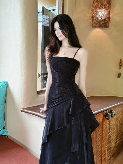 Robe de bal de sirène chic à bretelles spaghetti noires en satin à volants pour femmes et adolescentes N2182