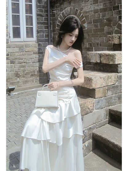 Edle Meerjungfrauenkleid Weiß Schulterfrei Rüschen Satin für Damen Mädchen Teenager Ballkleider N2184