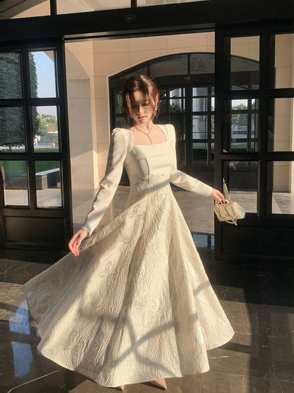 Robe de bal élégante en satin blanc, coupe trapèze, col carré, manches longues pour femmes, filles, adolescentes N2185