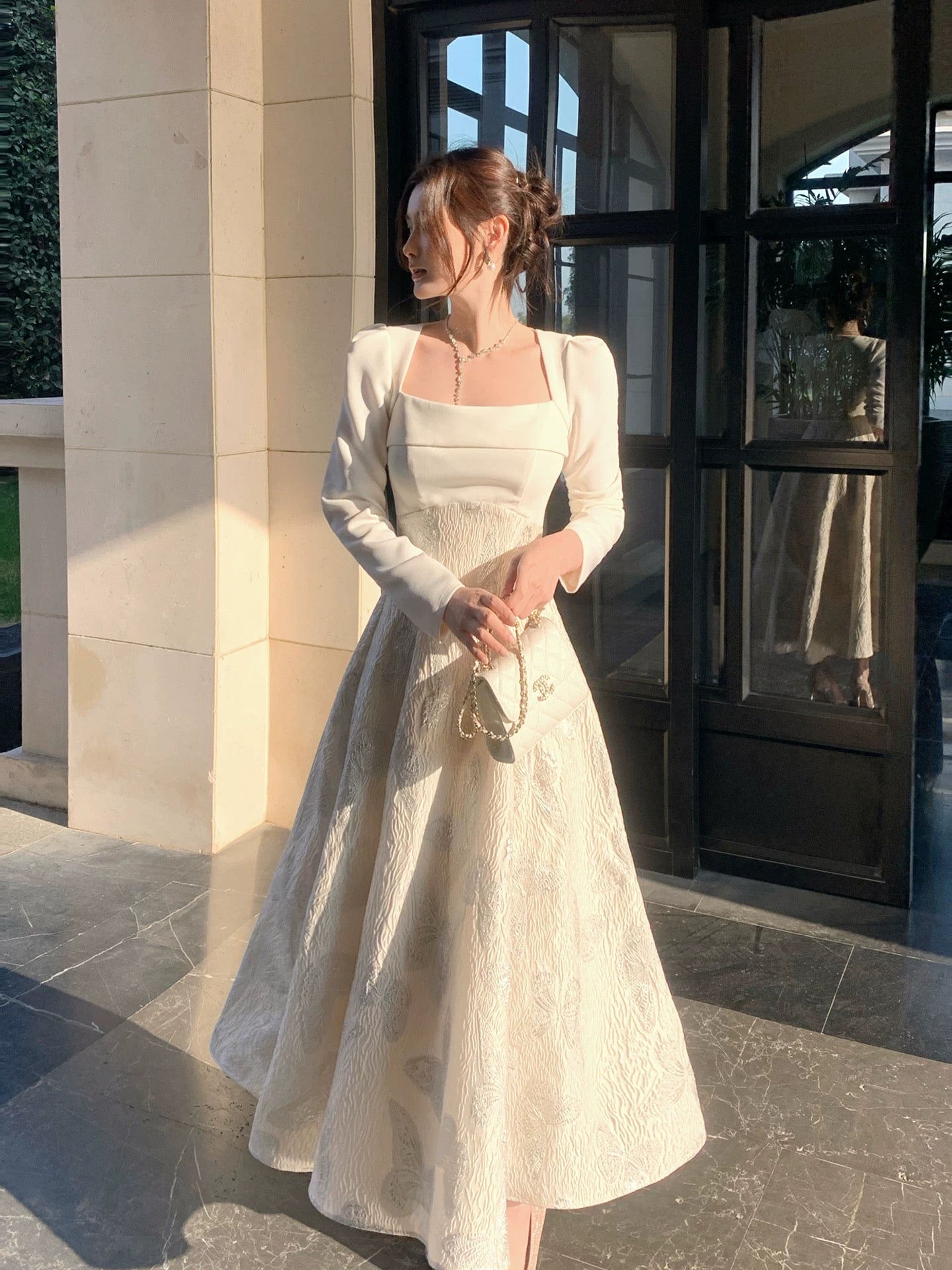 Robe de bal élégante en satin blanc, coupe trapèze, col carré, manches longues pour femmes, filles, adolescentes N2185