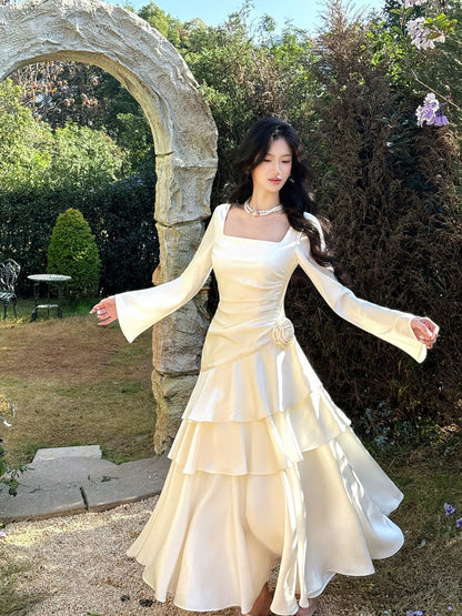 Élégante robe de bal blanche à col carré sirène avec manches longues pour femmes filles adolescentes N2187