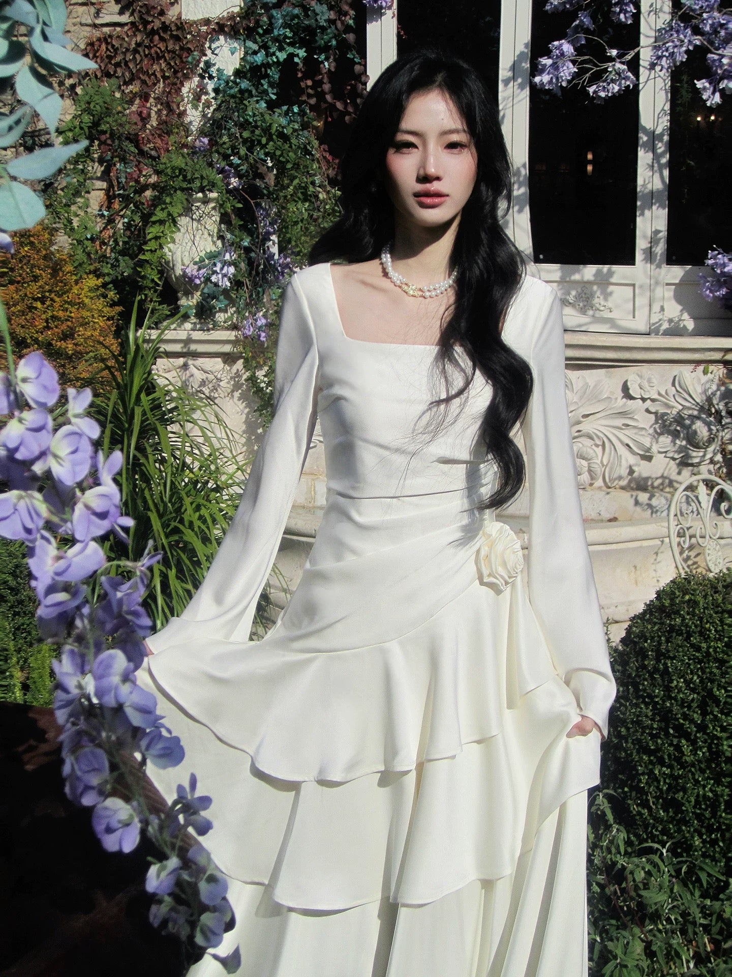 Élégante robe de bal blanche à col carré sirène avec manches longues pour femmes filles adolescentes N2187
