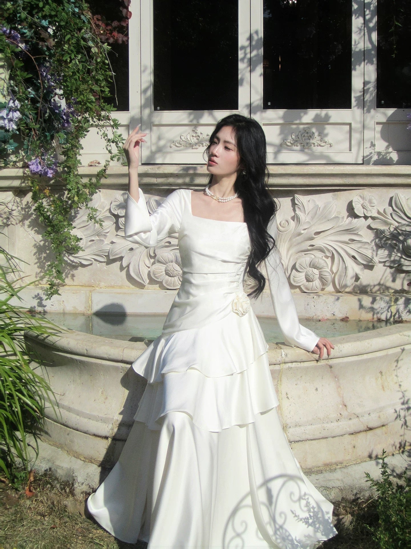 Élégante robe de bal blanche à col carré sirène avec manches longues pour femmes filles adolescentes N2187