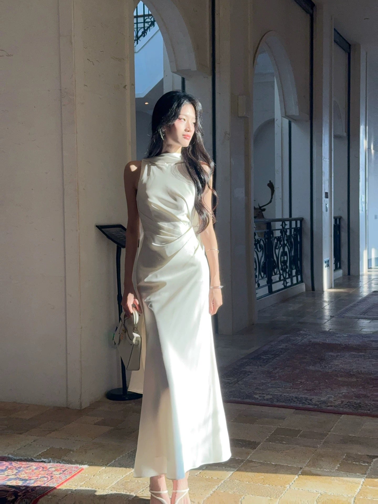 Robes de soirée de printemps pour invitées, coupe fourreau chic, col haut, en satin, modèle N2188