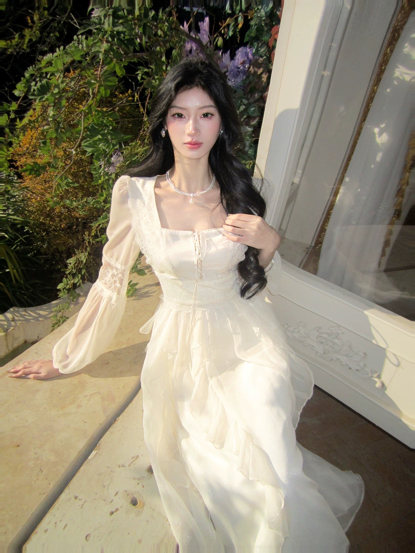 Classy A Line Square Neck White With Long Sleeves For Women Girls Teens Prom Dresses N2189