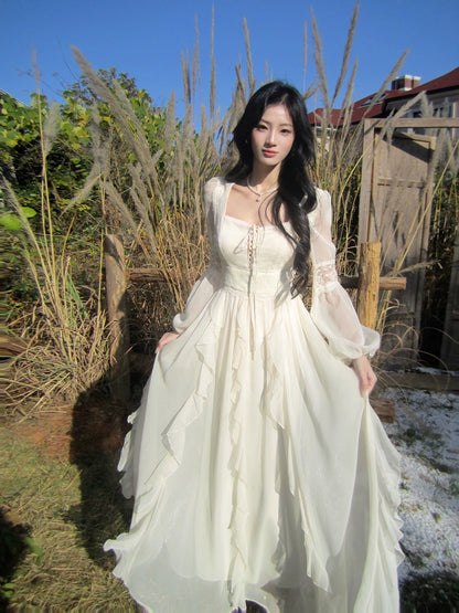 Classy A Line Square Neck White With Long Sleeves For Women Girls Teens Prom Dresses N2189