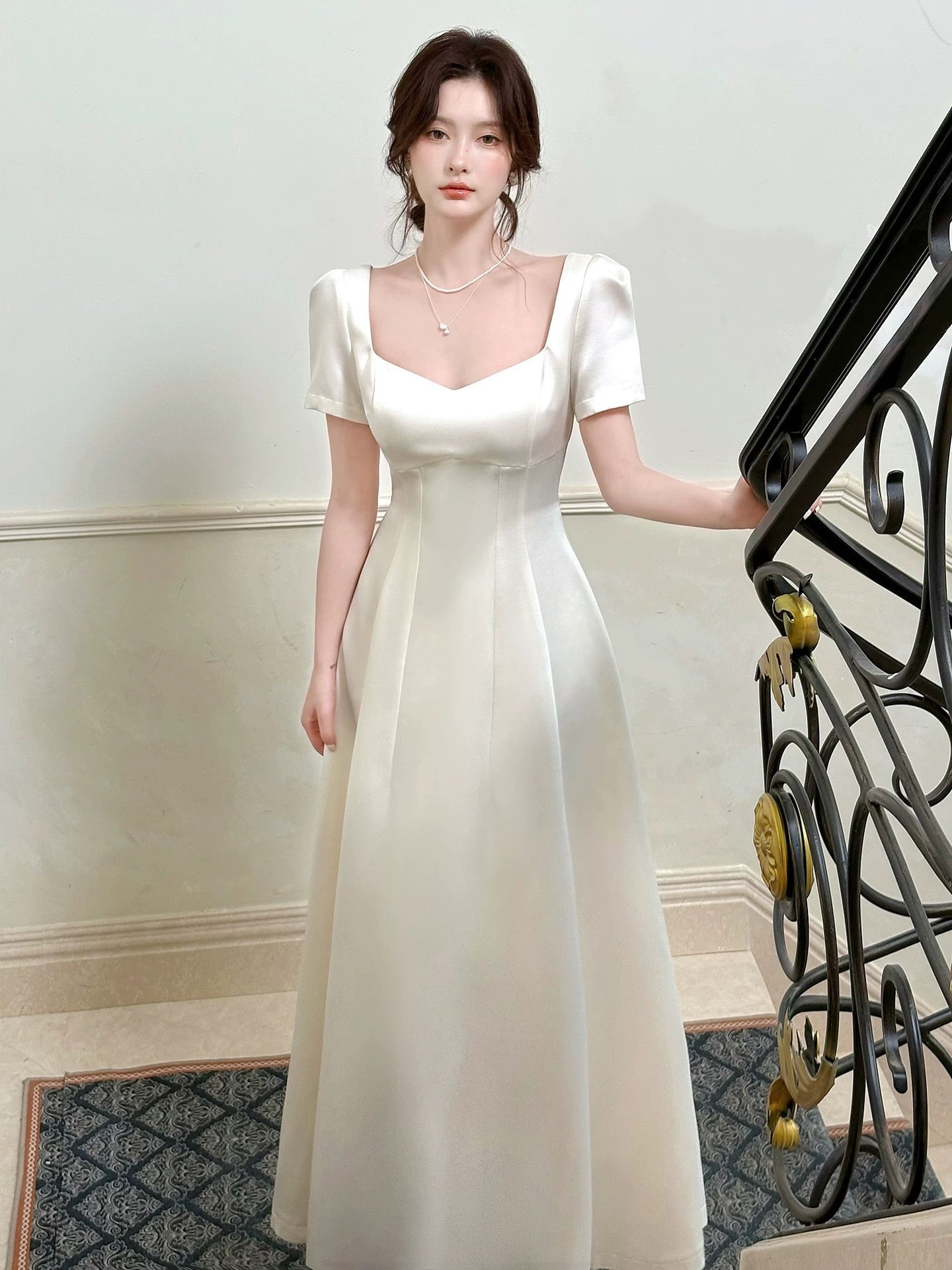 Simple A Line Square Neck Ivory Satin Long For Women Girls Teens Prom Dresses N2192