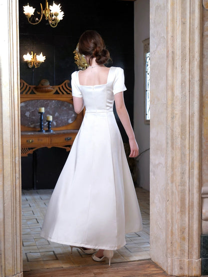 Simple A Line Square Neck Ivory Satin Long For Women Girls Teens Prom Dresses N2192